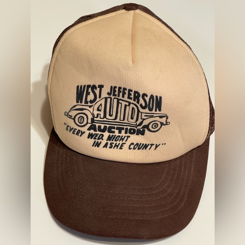 Vintage Trucker Hat Adjustable West Jefferson Auto Auction Tan and Brown Cap